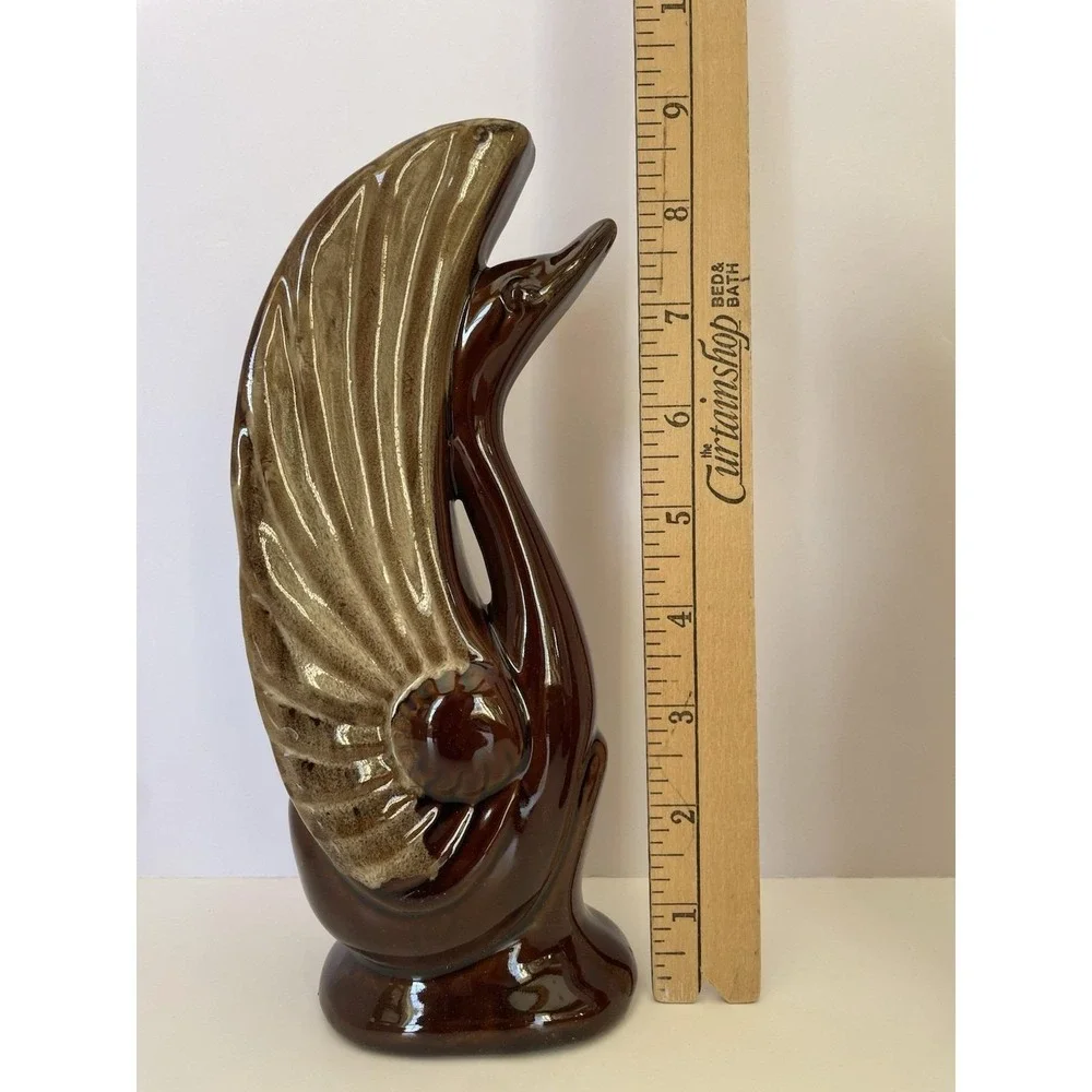 Vintage Swan Planter Set Rockingham Brown‎ Drip Glaze Console Mid Century W Box